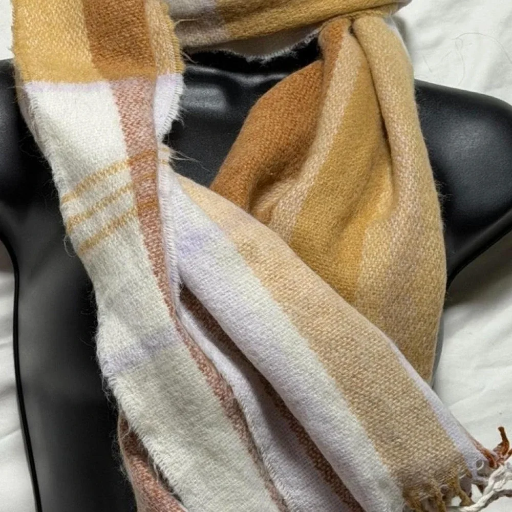 ASOS Mustard Yellow Plaid Oversized Blanket Scarf Chunky Knit Fuzzy Fringe
